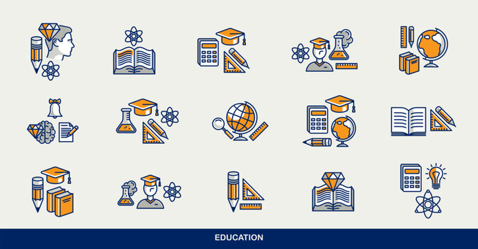  Education vector icons set, university and high school study science, physics and chemistry learning.
