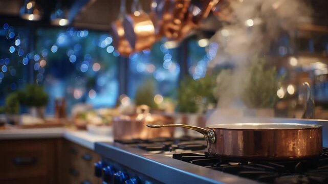 Copper pots hanging slightly above a stove while one pan heats below, layered composition with depth, glowing reflections from overhead lights, cozy chef&rsquo;s kitchen mood, cinematic