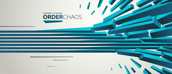 Debris particles exploding in chaos vector abstract background, entropy is rising to decay and disorder, elements flying in motion, 3D wallpaper.