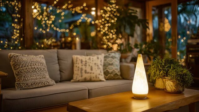 Cozy retro-inspired living room featuring a lava lamp as the focal point, wooden table illuminated by warm light, gray sofa with layered pillows, string lights produce a soft, drea