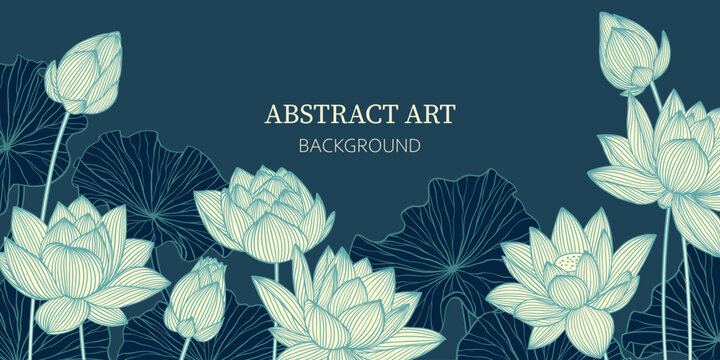 Floral border. Luxury dark blue vector background with lotus flower, leaves and buds. Elegant floral wallpaper in minimalistic linear style