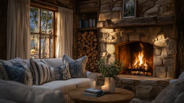 Cozy living space with stone fireplace, roaring fire, neatly stacked firewood beside hearth, ambient warm light highlighting rustic textures, comfortable and inviting mood