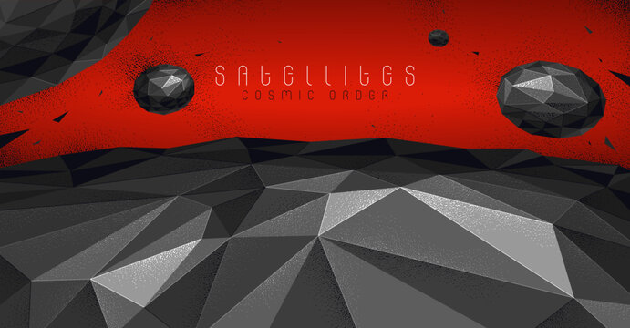 Low poly illustration of a planet terrain with satellites flying in space, vector wallpaper art of sci-fi astronomy, science fiction background