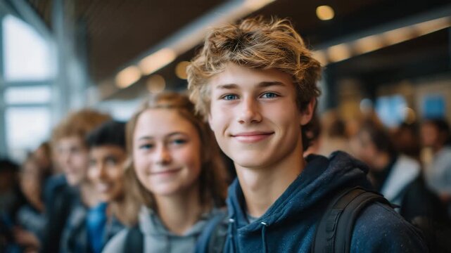 Diverse group of students standing in line, wearing casual clothes and backpacks, hallway of modern school with lockers and soft natural light streaming through windows, focus on v