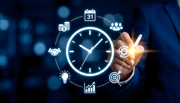 Business arranged around a clock face time calendar