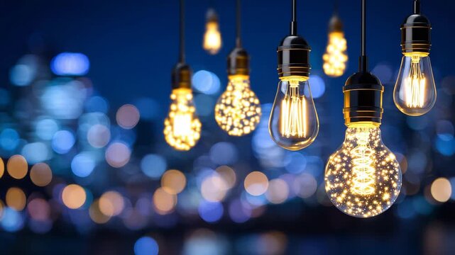 29Cluster of retro decorative lightbulbs hanging together, each with uniquely shaped glowing filaments, warm light gradients and overlapping bokeh, cinematic depth and atmospheric mo