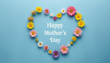 Naklejka premium A heart-shaped arrangement of colorful flowers with the text Happy Mother's Day on a blue background