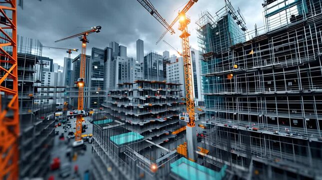High rise construction site with tower crane scaffold concrete structure cloudy sky orange crane skyline city modern highrise development dramatic