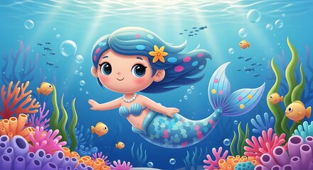 Cute Cartoon Mermaid Swimming Vibrant