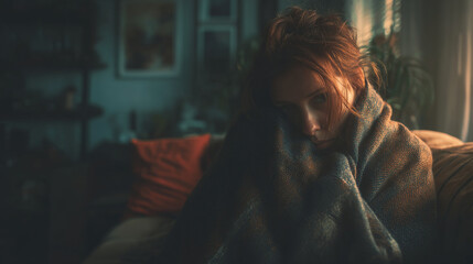 Red-haired woman curled up on sofa under a blanket, looking sad and pensive in dim light