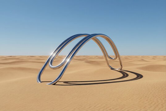 Gleaming metallic arch structure rising in vast sandy desert landscape under clear blue sky creating strong minimalist aesthetic evoking themes of transient beauty and modern art