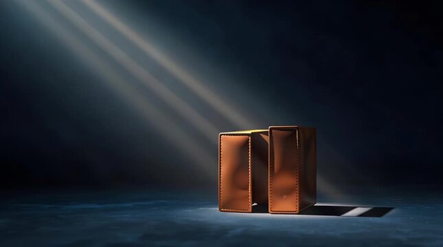 Warm leather travel case and brown leather wallet illuminated by dramatic studio light and spotlight dark floor creating moody shadow, luggage