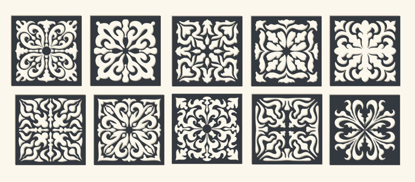 Big set of square Vintage Laser Cut pattern with baroque ornament. Vector Stencil Template for cnc cutting, decorative panels of wood, metal, paper, plastic