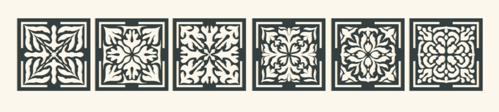 Big set of square Vintage Laser Cut pattern with baroque ornament. Vector Stencil Template for cnc cutting, decorative panels of wood, metal, paper, plastic