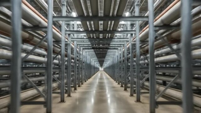 Endless rows of industrial pipes in symmetrical warehouse perspective