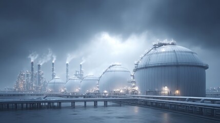 Fototapeta premium Massive industrial gas processing plant with large spherical storage tanks under a cloudy sky