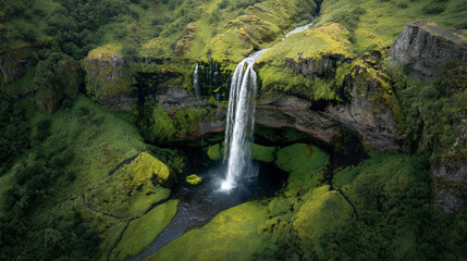 Iconic Seljalandsfoss waterfall flowing over a cliff edge into a pool, green mossy surroundings