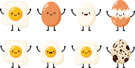 Cute egg cartoon character vector set with fried eggs, boiled eggs and cracked shell breakfast illustration © Sumon Creative