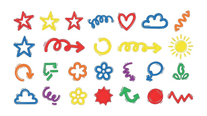 Colorful Embellishments Collection: A vibrant assortment of hand-drawn shapes and icons, each one bursting with character and crafted with a playful touch.