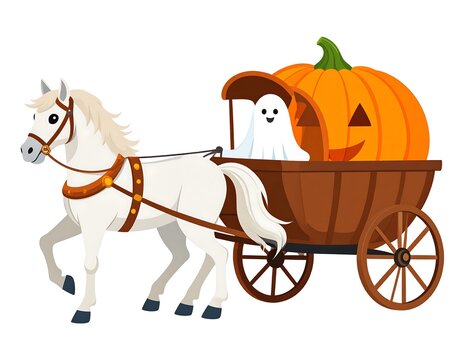 A white horse pulls a wooden wagon. A ghost sits inside a large carved pumpkin