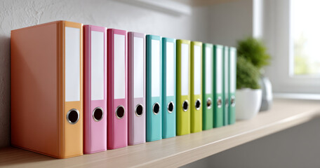 Colorful binders neatly arranged on a wooden shelf with a blurred background including a potted plant and window light