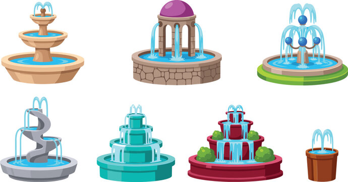 Decorative water fountain vector set with different garden and park fountain designs flowing water illustration collection