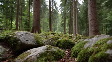 Fototapeta premium Moss covered rocks and ancient trees create a serene natural scene in a tranquil forest woodland