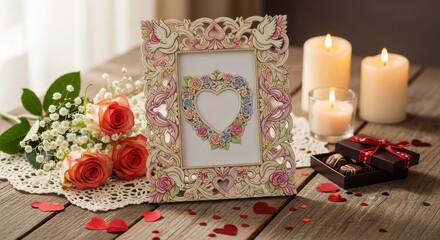 Romantic still life arrangement features ornate picture frame, roses, candles, and fine chocolates on wooden surface