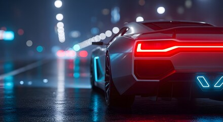 Naklejka premium Modern supercar with glowing blue and red lights on a night road. Performance driving and automotive engineering. White sport car rear view showing exhaust and lights in foggy city