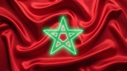 Naklejka premium Moroccan flag waving with green pentagram on red silk background
