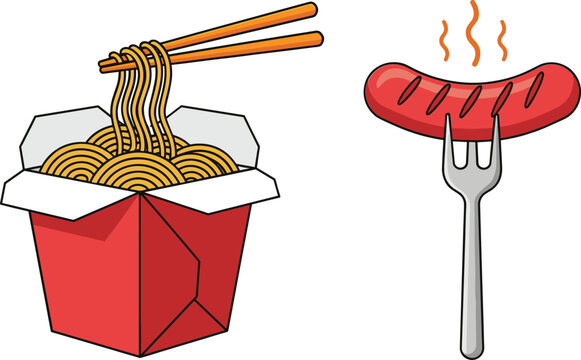 Fast food vector set with noodle takeout box and grilled sausage on fork hot meal illustration