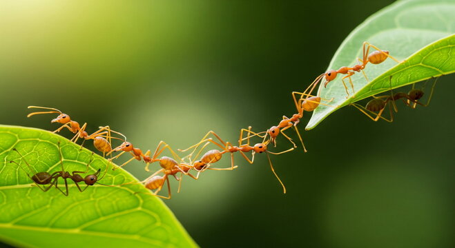 Ant action standing.Ant bridge unity team,Concept team work together Red ant,Weaver Ants (Oecophylla smaragdina), Action of ant carry food.