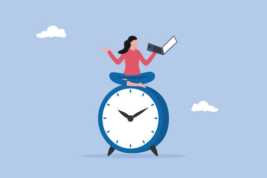 Young lady woman working with laptop while doing yoga or meditation on clock face, flexible working hours, work life balance or focus and time management while working from home concept.