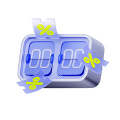 Obraz premium 3D icon of a blue flip clock with floating discount coupons For flash sale event, limited time offer, marketing countdown, and promotional deadline.