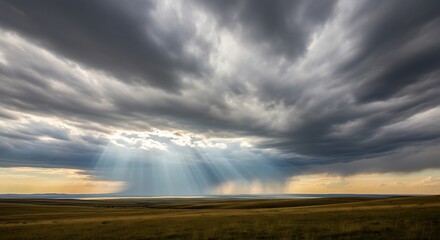 Dramatic stormy landscape with sunbeams breaking through dark clouds over vast field
