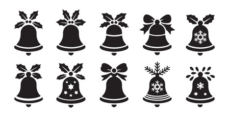 Set of black christmas bell icons on white background, decorated with bows and holly leaves
