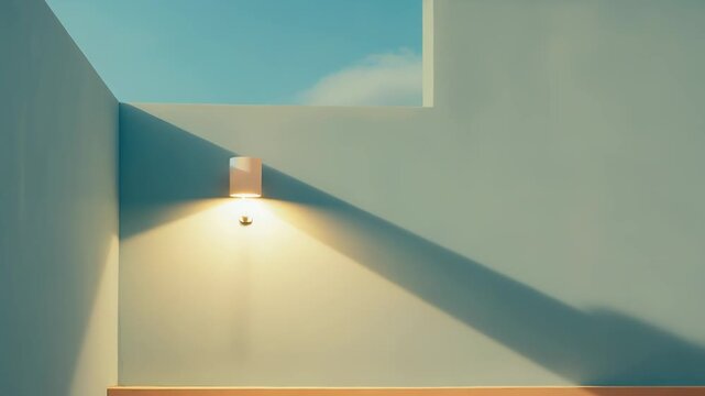 Abstract architectural shapes with strong shadows creating a minimalist aesthetic, featuring a glowing wall lamp against a serene blue sky and subtle cloud