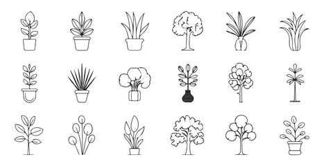 Set of twenty line art vector icons depicting various potted plants and trees for design projects