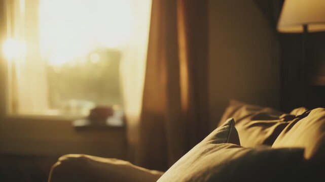 Cozy sofa cushion bathed in warm golden hour sunlight through a window, casting soft rays and creating a tranquil, inviting living room atmosphere of comfort and calm