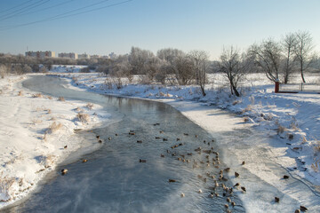 Beautiful river in snowy winter.