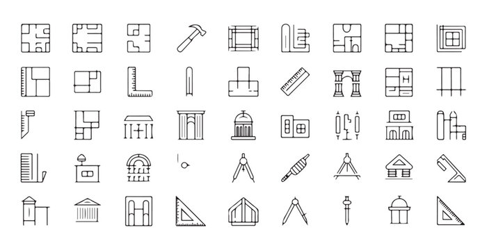 Architecture icon set with building plans construction tools engineering symbols and historic columns