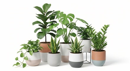 Fototapeta premium Collection of various potted houseplants including Monstera and Snake Plant in modern ceramic pots for home decor and interior design isolated on white