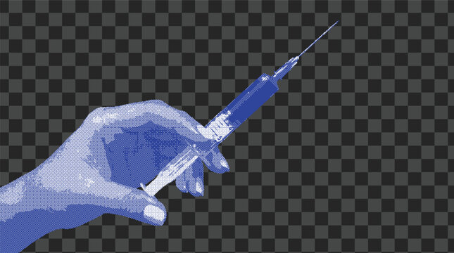 Halftone pop art style hand holding syringe with blue liquid for injection or vaccination concept