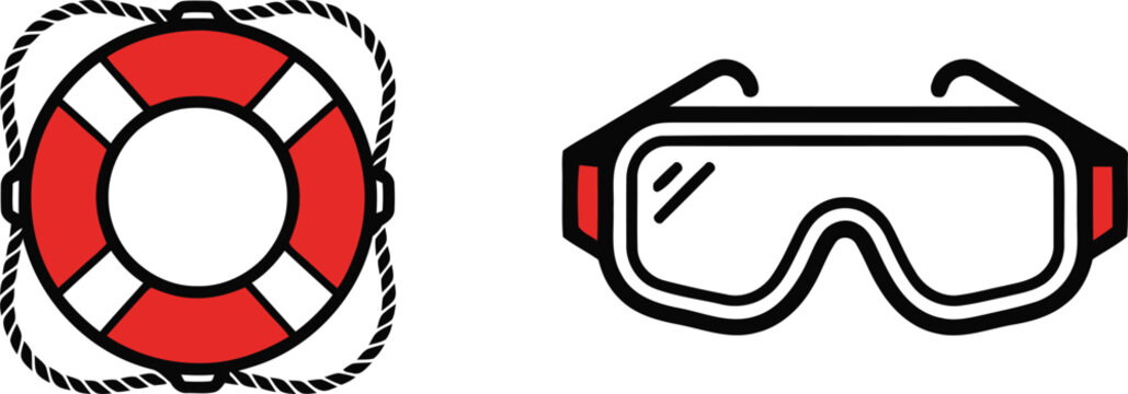 Red and white life preserver with rope and professional diving or swimming goggles.