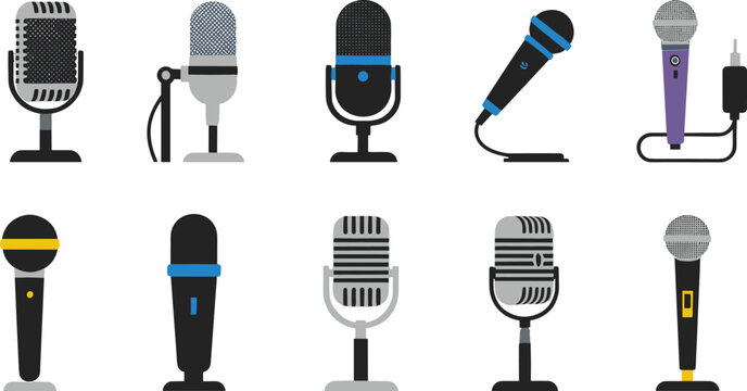Microphone vector set with different modern and vintage audio recording equipment for podcast, music and broadcasting illustration