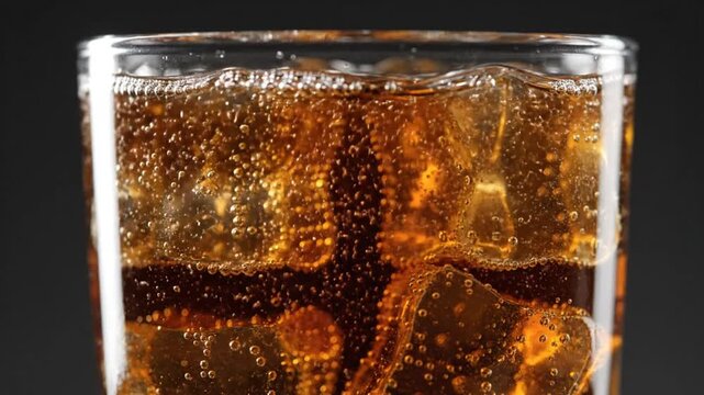 A glass filled with cola and ice cubes icon on a dark background