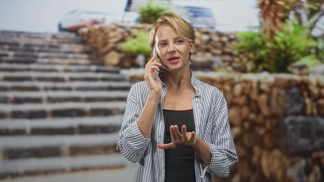 Blond caucasian woman holding smartphone to ear while speaking, wearing striped shirt over black undershirt in front of stone steps backdrop in a studio; calm focus.
