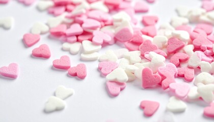 Scattered pink and white heart-shaped confetti on white surface in soft romantic composition