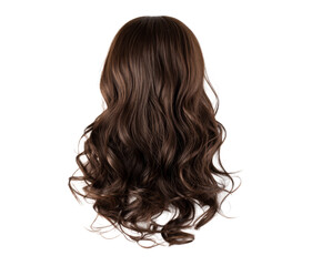 Obraz premium Long brown wavy female wig with voluminous curls and a healthy shine, showcasing a beautiful classic hairstyle from a rear view perspective