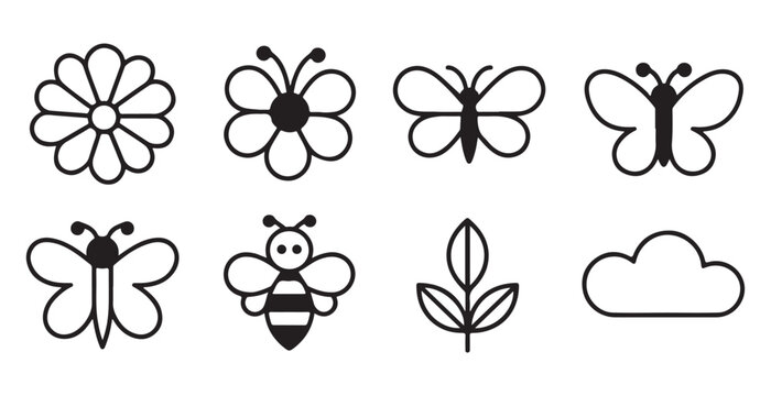 Set of cute black and white nature icons including flower butterfly bee leaf and cloud vector icons